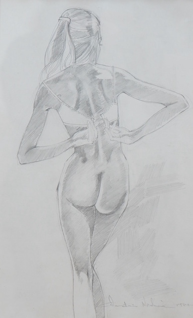 20th century, pencil, Study of a semi-nude female, signed and dated 1984, 45 x 27cm. Condition - fair to good